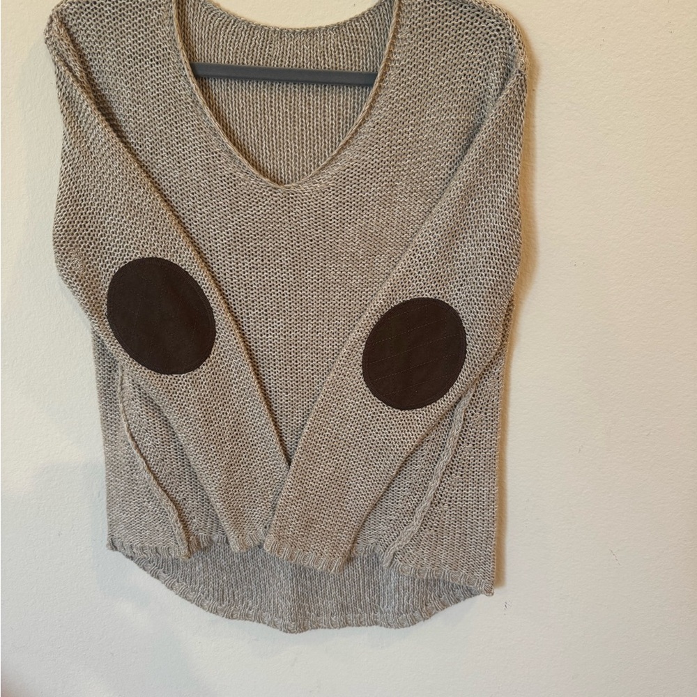 V-Neck Sweater with Elbow Patches - Brown